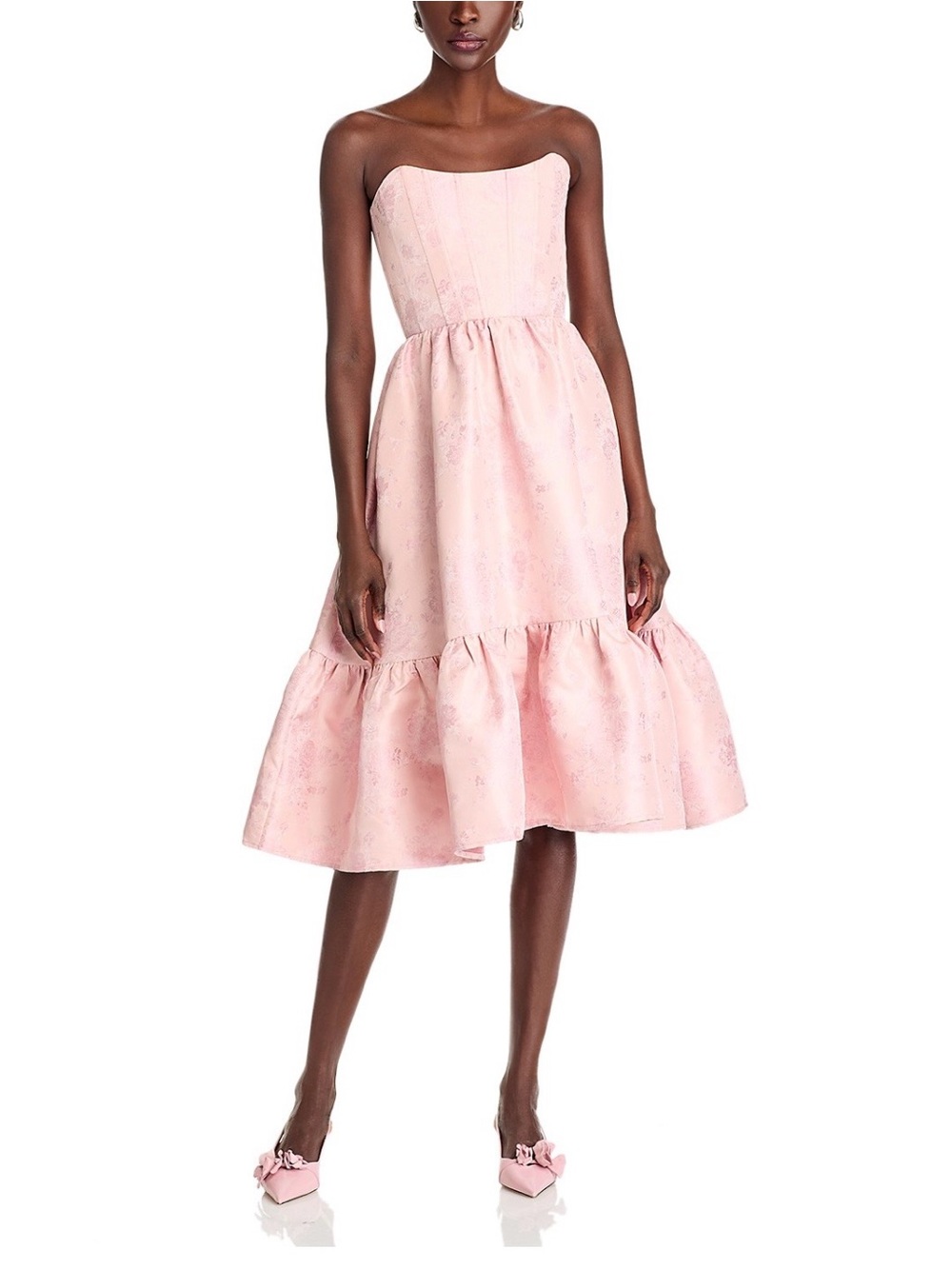 V. Chapman Strapless Blush Pink Midi Dress with Ruffle Hem